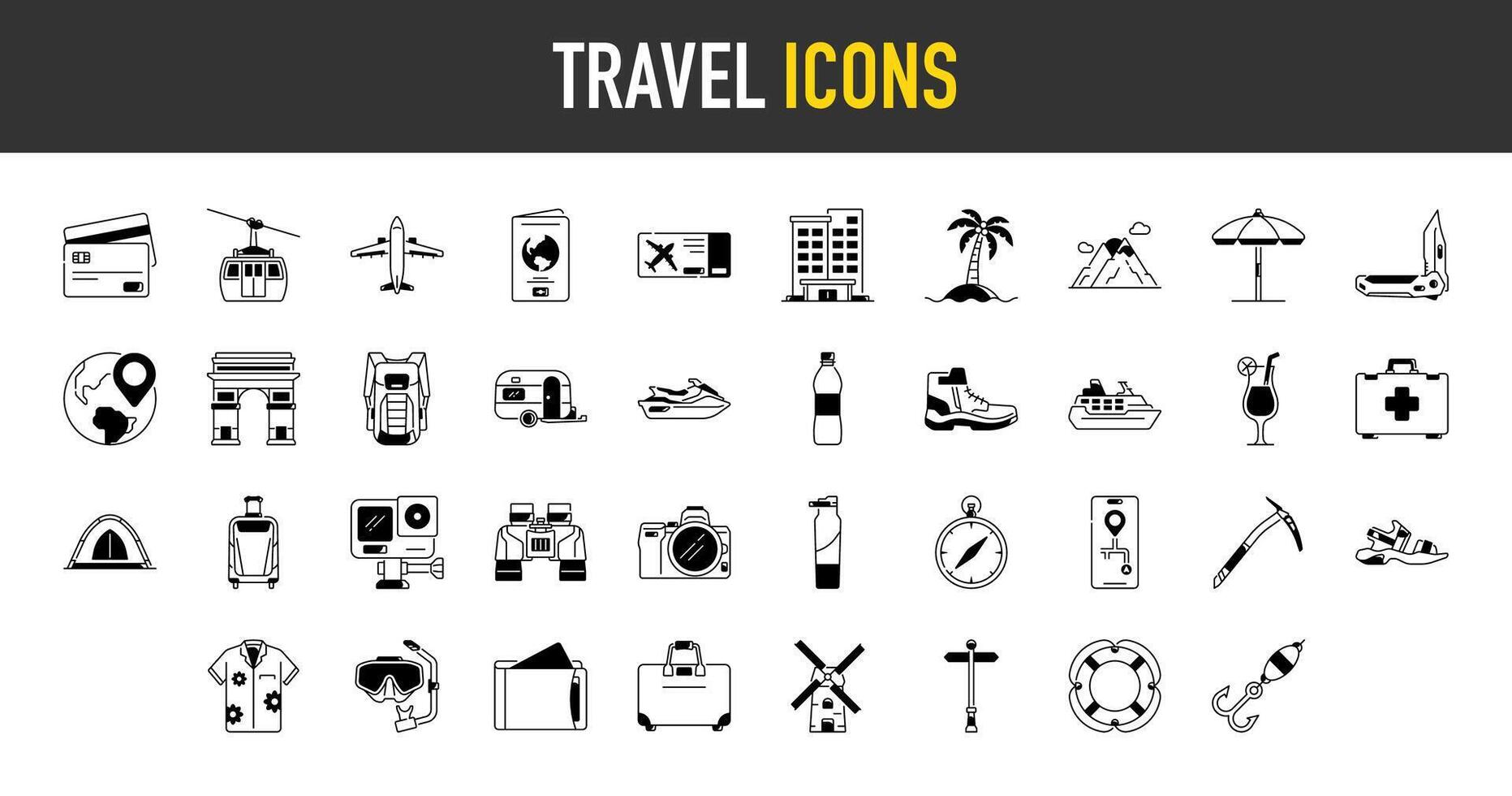 reizen icoon set. zo net zo zomer vakantie en vakantie, kaartjes, koffer, camera, hotel, strand, vliegtuig, historisch plaats en meer pictogrammen illustratie. verzameling van op reis toerisme elementen vector