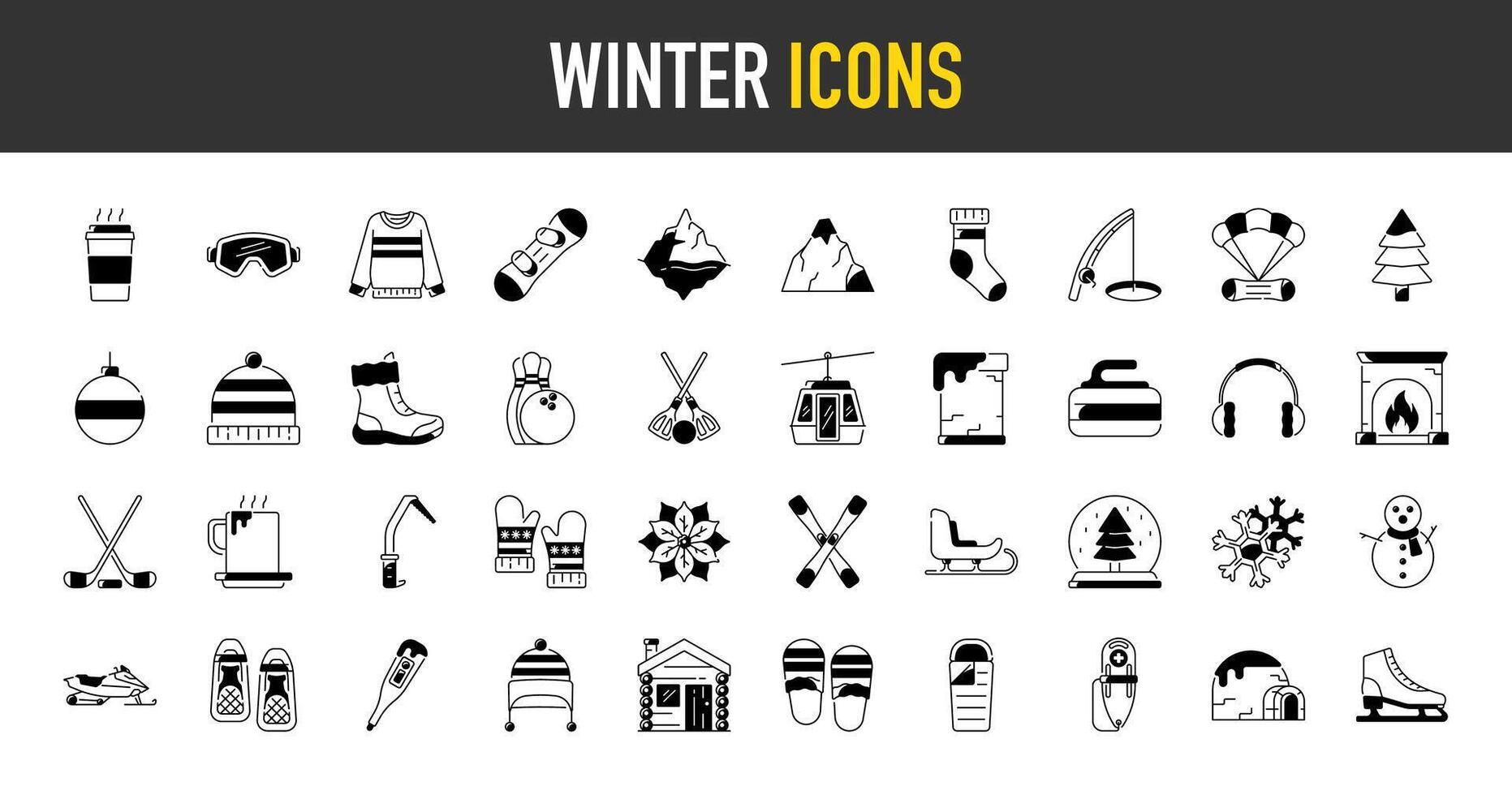 reeks van winter werkzaamheid pictogrammen. zo net zo sneeuwman, winter sport, mode, trui, sneeuw rijden, iglo, koffie, het schaatsen, kabelbaan, thermometer en meer icoon illustratie vector