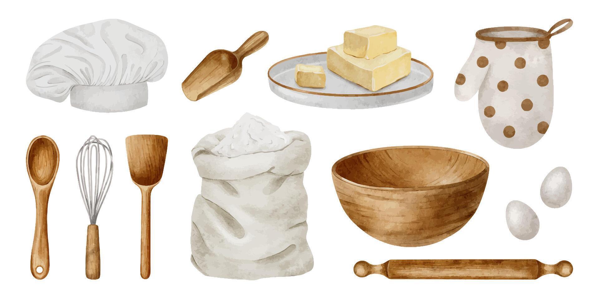 reeks van keuken werktuig elementen en bakken ingrediënten meel, eieren, boter, lepel, schaal, rollend pin, garde, lepel. waterverf geïsoleerd hand- getrokken illustraties voor voedsel bloggers, recepten vector