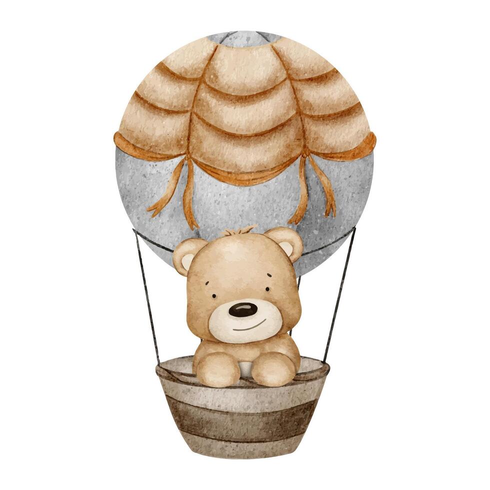 teddy beer is vliegend in een heet lucht ballon. schattig geïsoleerd hand- getrokken baby waterverf illustratie. clip art voor baby douche kaarten, uitnodigingen, affiches, kinderen goederen, kleren vector