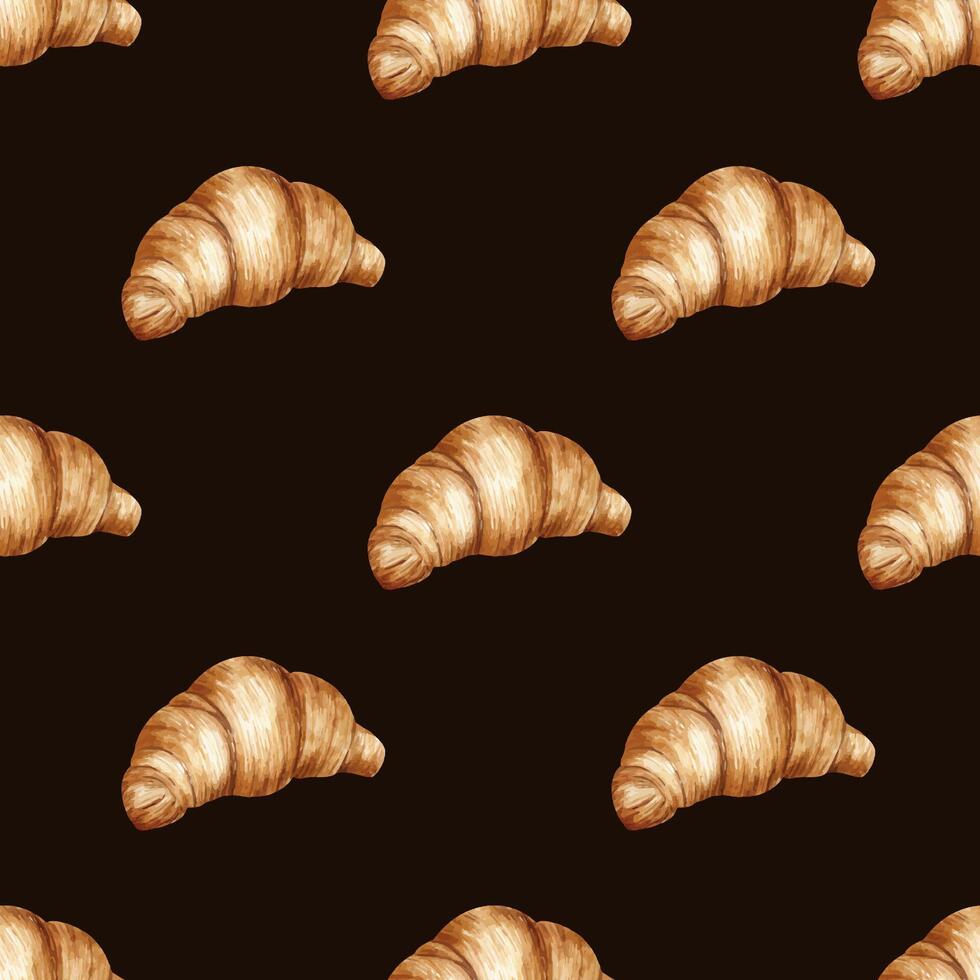 waterverf naadloos patroon van croissantjes. traditioneel Frans ontbijt broodje. achtergrond van gebakje voor ontwerp van etiketten, verpakking van goederen, kaarten, voor bakkerij, bakkerij. vector