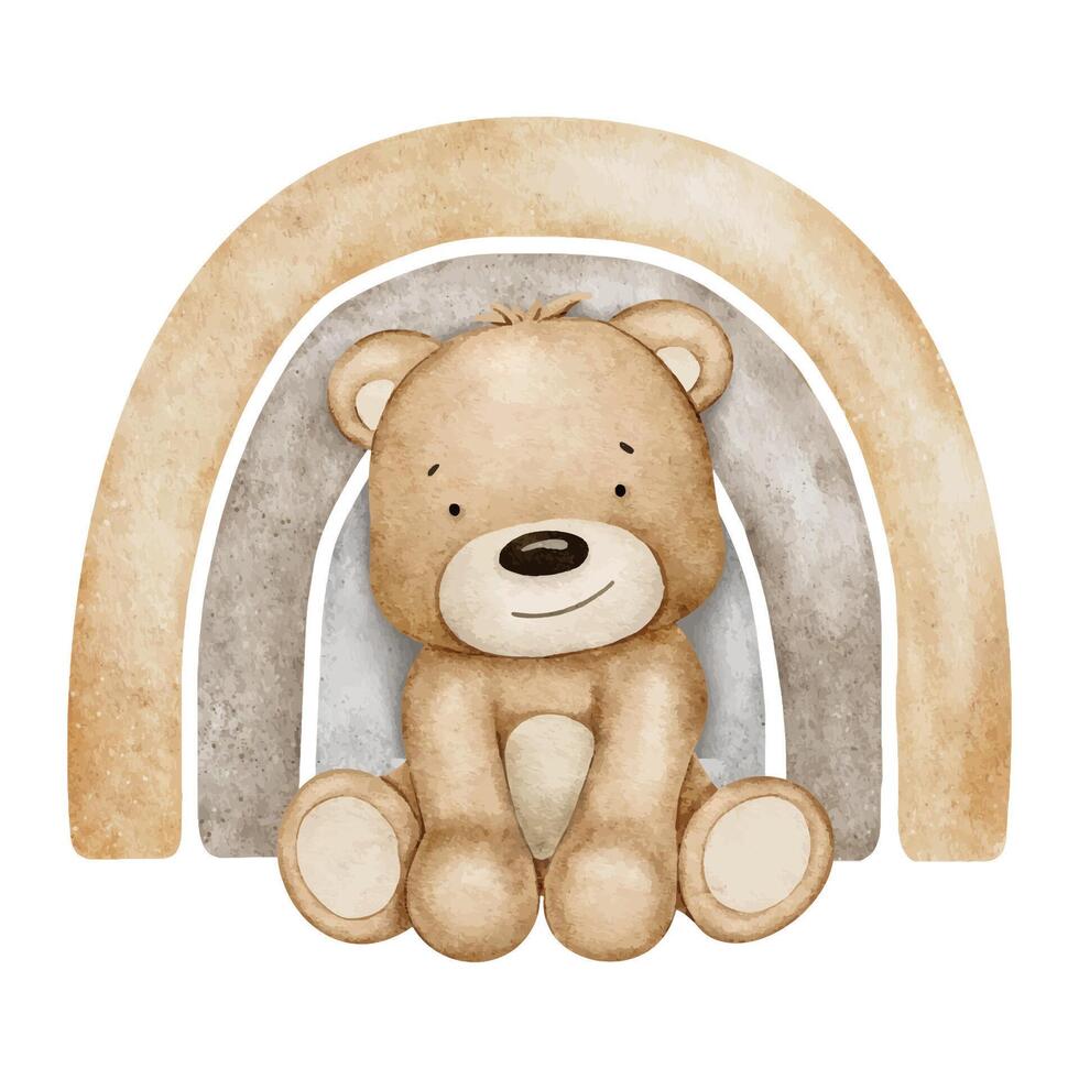 teddy beer en regenboog. schattig geïsoleerd hand- getrokken baby waterverf illustratie. clip art voor baby douche kaarten, uitnodigingen, affiches, kinderen goederen, kleren vector