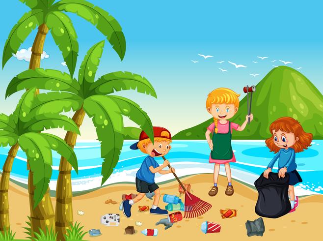 Een groep Vrijwilligers Kinderen die Strand schoonmaken vector