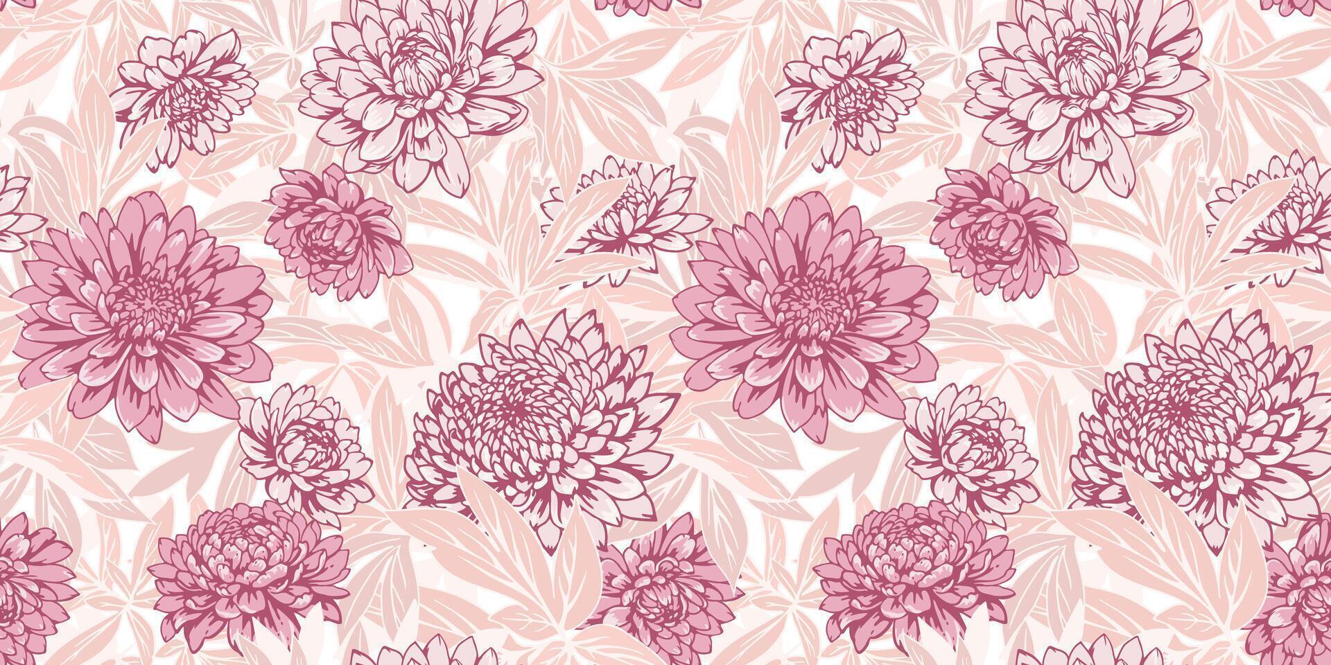 elegantie pastel oerwoud naadloos patroon met bloemen Aan een licht achtergrond. bloesems abstract artistiek bloemen dahlia's, pioenrozen, chrysanten en bladeren afdrukken. hand- getrokken illustratie. vector