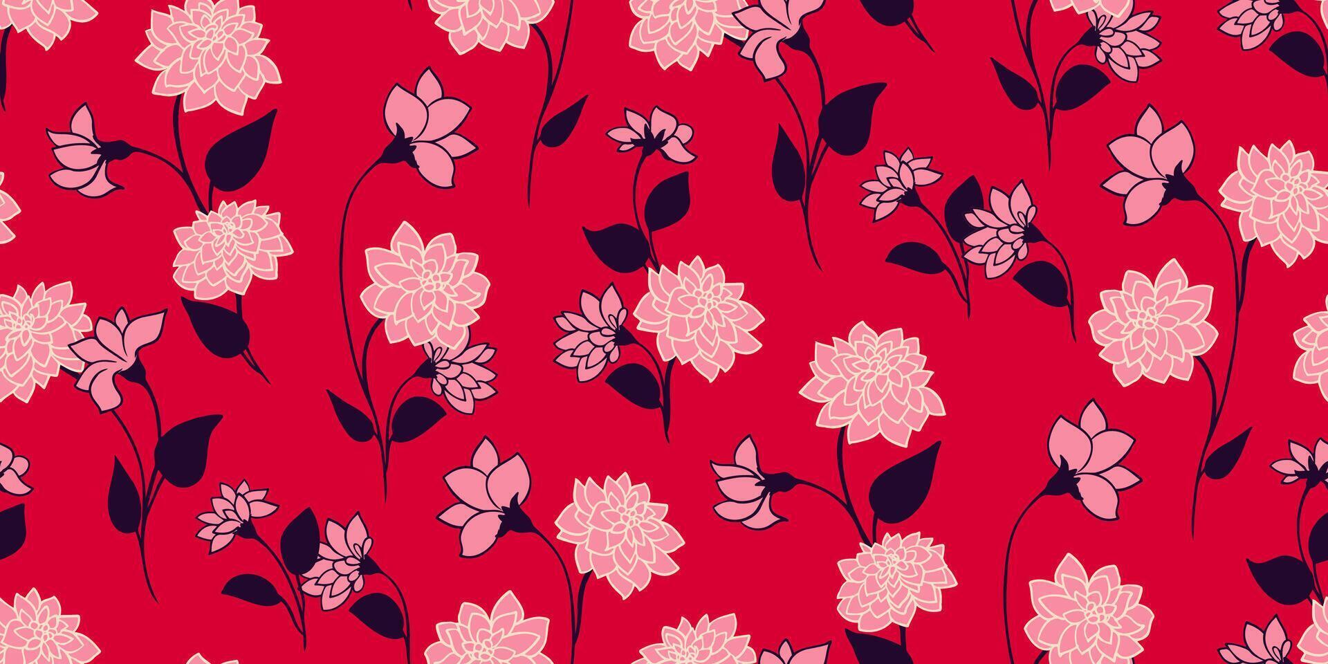 abstract artistiek klein takken bloemen en knoppen, klein bladeren verspreide willekeurig Aan een rood naadloos patroon. hand- getrokken schetsen. creatief wild bloemen afdrukken. sjabloon voor ontwerp vector