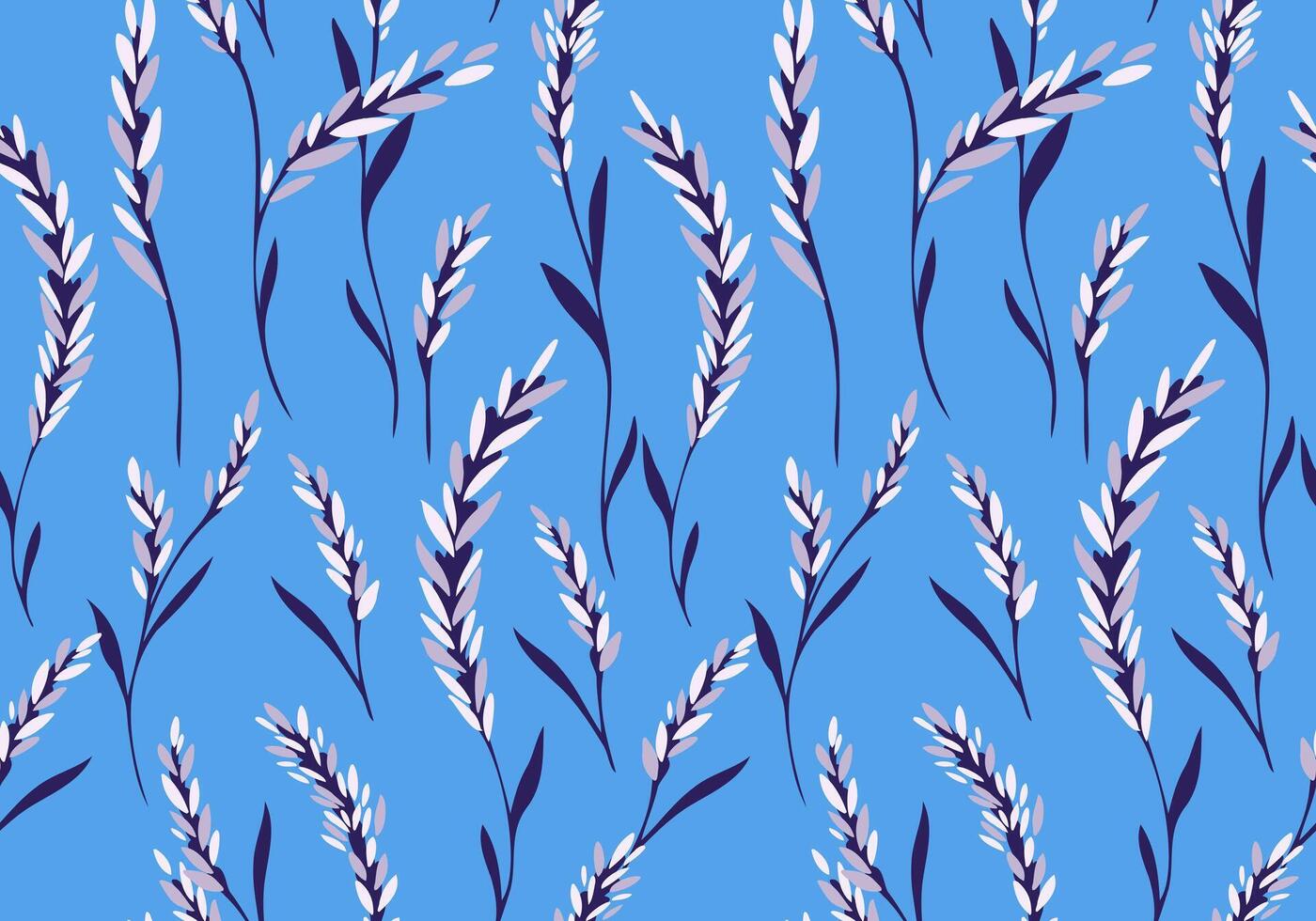 creatief spica takken naadloos patroon Aan een blauw achtergrond. hand- getrokken schetsen. abstract artistiek gemakkelijk vormen klein bloemen stengels afdrukken. sjabloon voor ontwerpen, kleding stof, textiel vector