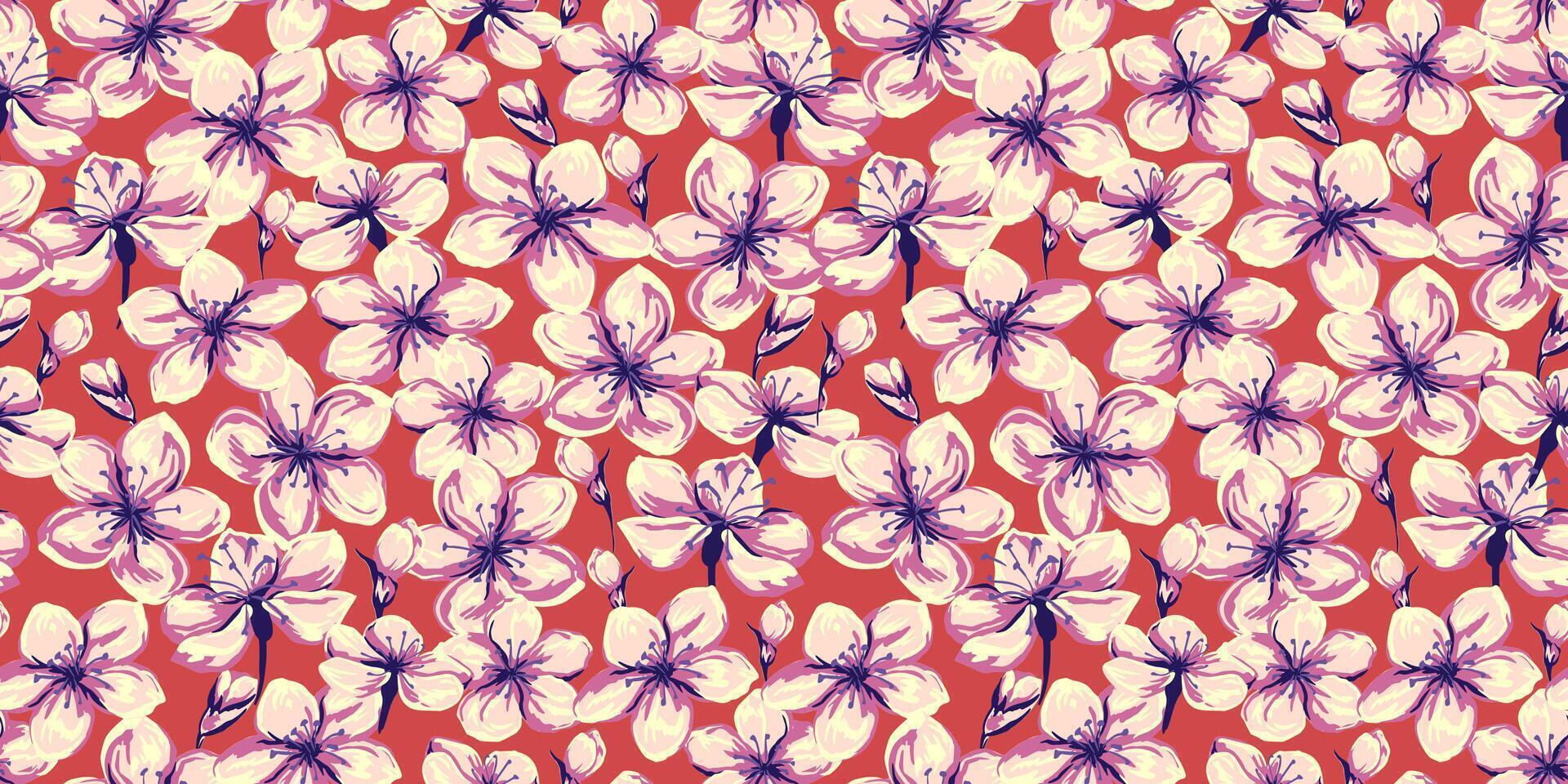 kleurrijk zomer wild weide bloemen naadloos patroon. hand- getrokken illustratie. abstract artistiek ditsy bloemen en bloemknoppen afdrukken. bloeiend oranje overladen veld. sjabloon voor ontwerpen, textiel vector