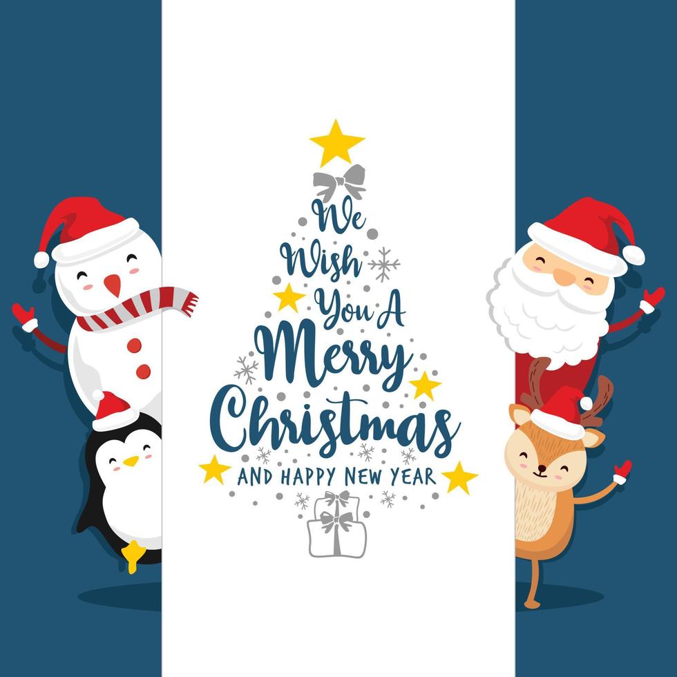 kerstman hert pinguïn tekst vrolijk kerstfeest en gelukkig nieuwjaar blauw vector