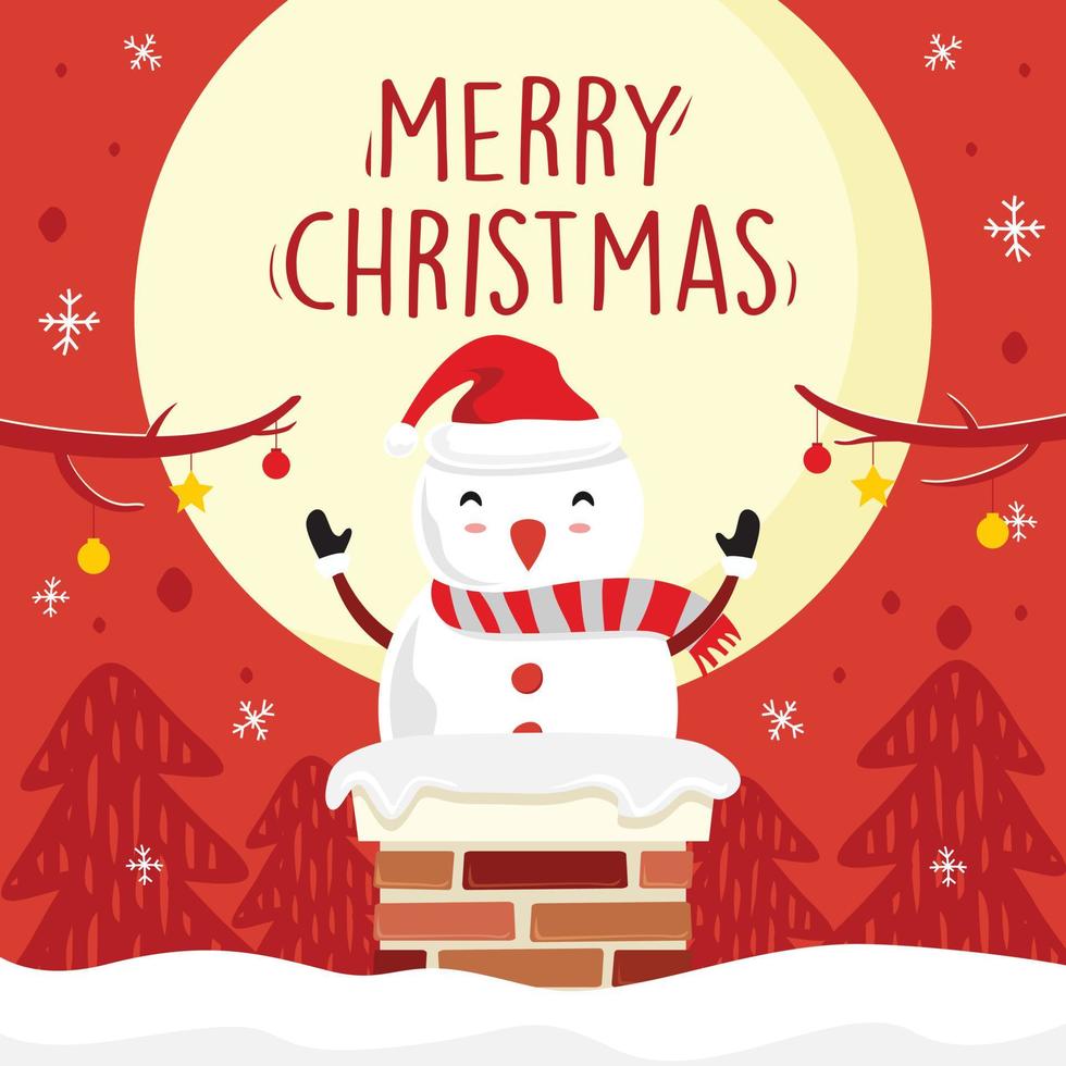 vrolijk kerstfeest sneeuwpop cartoon vector volle maan rode achtergrond