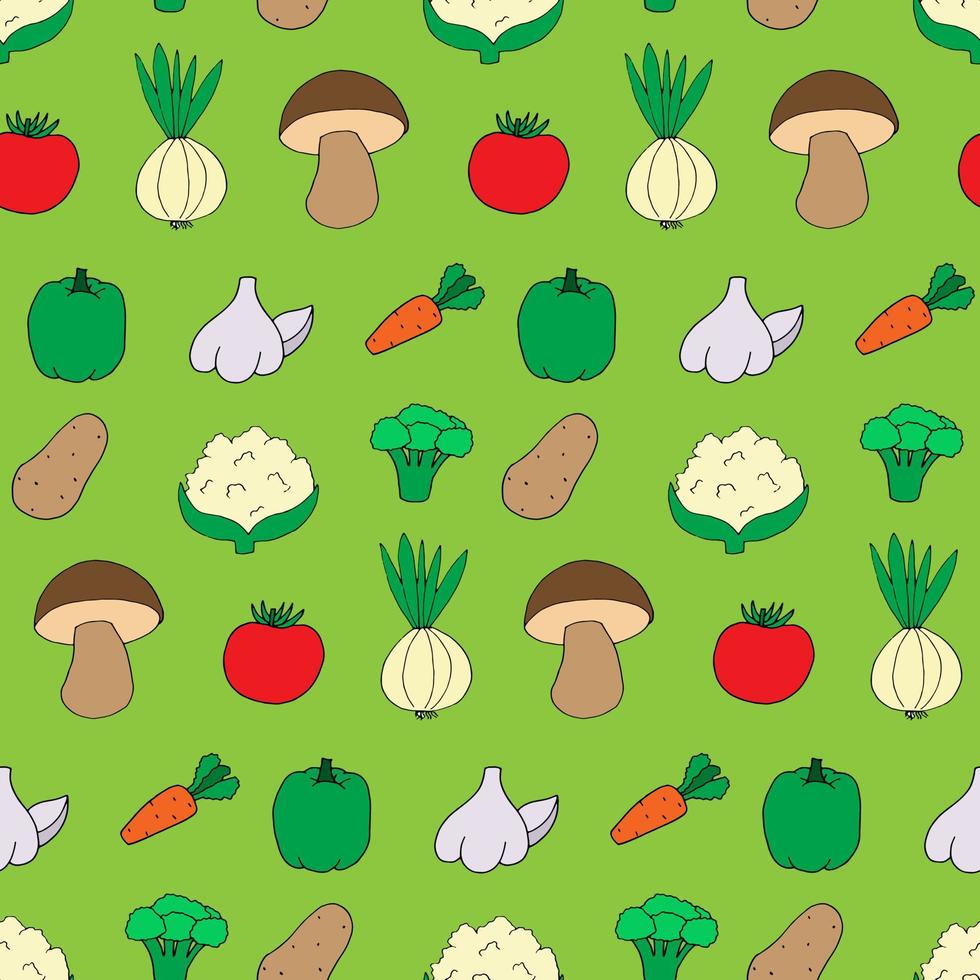 naadloze patroon met doodle stijl groenten. print voor behang, inpakpapier, textielachtergrond. handgetekende illustratie, goede voedingsstijl. vegetarisch gezond, natuurlijk en biologisch eten vector