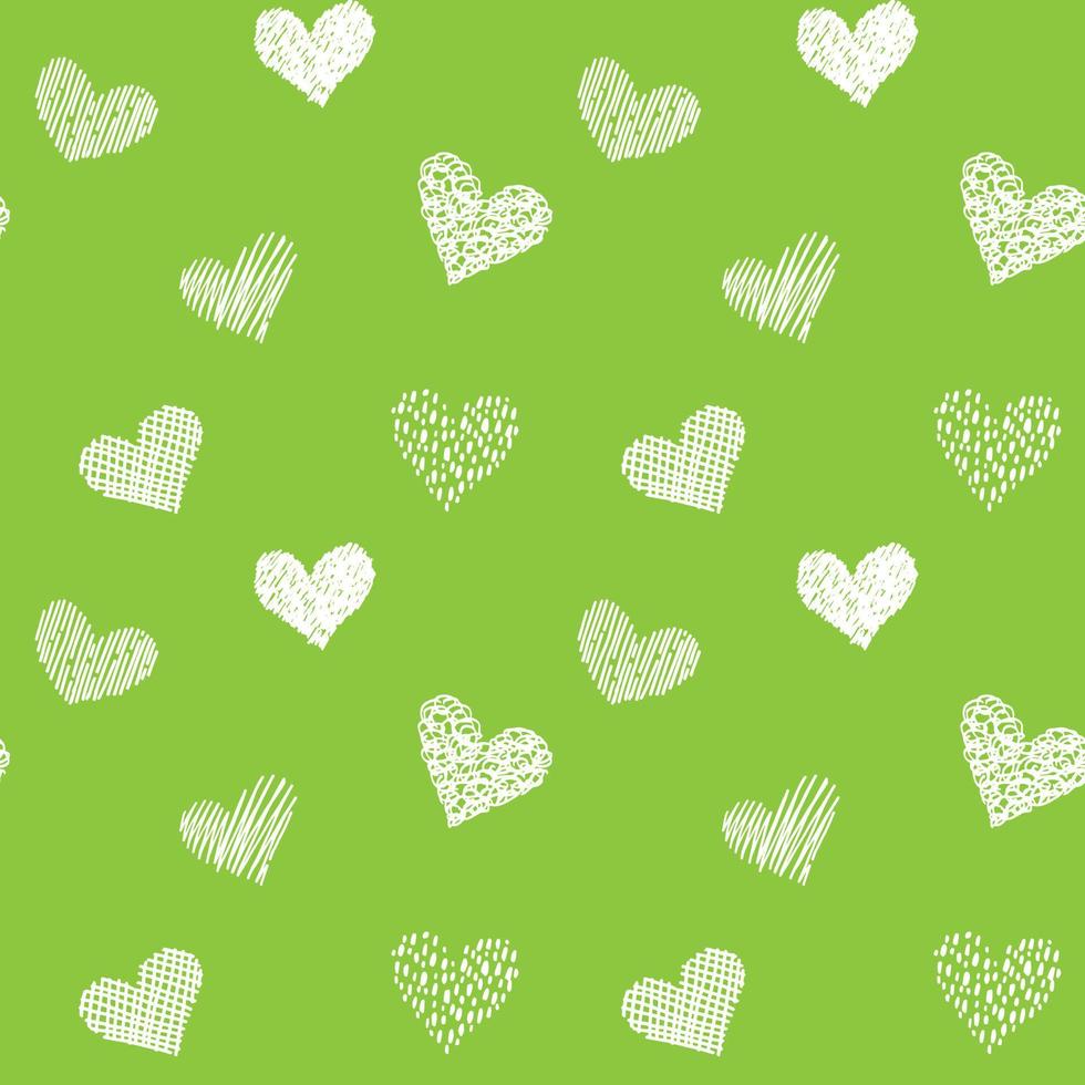 naadloze patroon met hand getrokken harten in doodle stijl. groene en witte kleuren. Valentijnsdag liefde en bruiloft textuur achtergrond. mooie print voor textiel, kaarten, cadeaupapier, design en decor vector