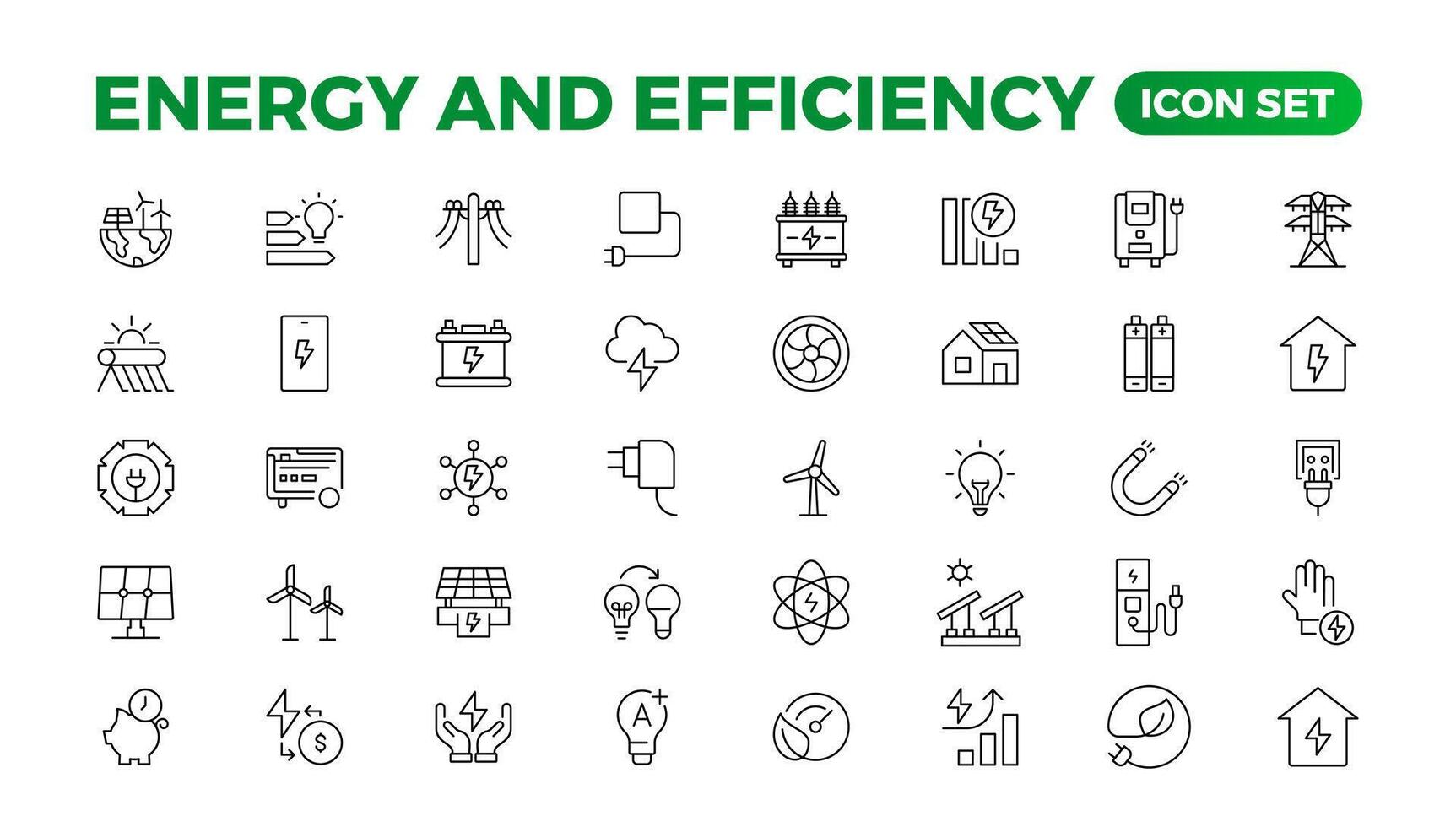 reeks van energieen ecologie lijn pictogrammen set. schets met bewerkbare beroerte verzameling. omvat eco huis, nucleair energie, macht plant, zonne- energie.eenvoudig reeks over energie rendement en besparing. vector