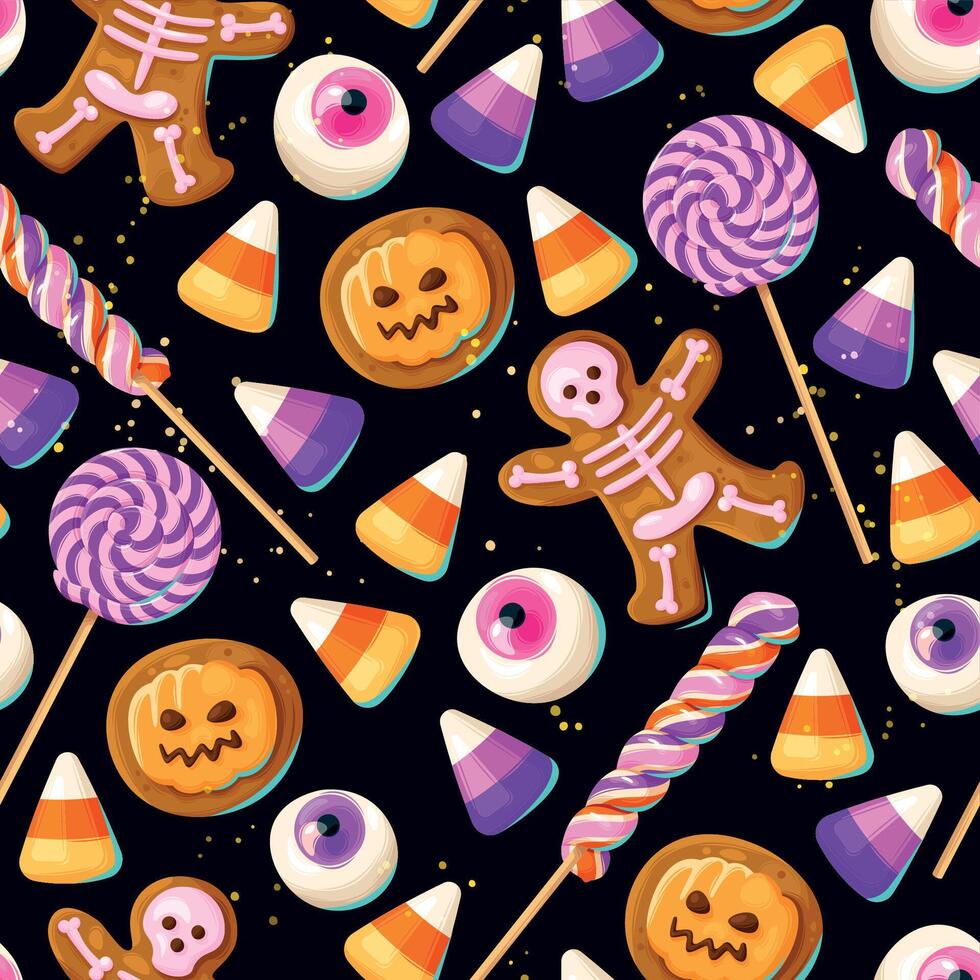 snoepgoed snoepjes en kleurrijk lolly halloween naadloos patroon illustraties vector