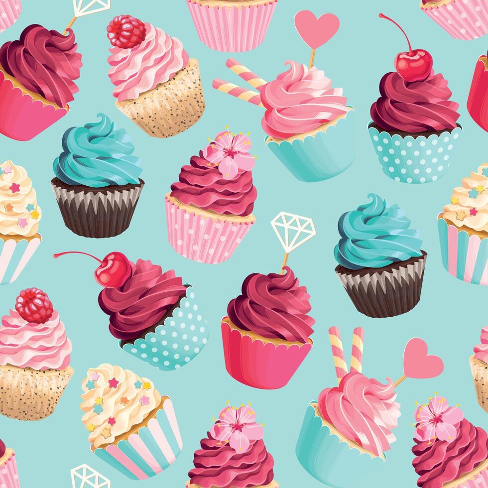 naadloos patroon met hoog gedetailleerd pastel roze en taling cupcakes vector