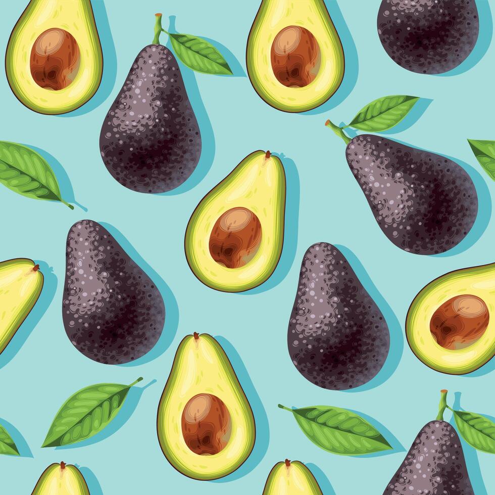 naadloos patroon met avocado, geheel en gesneden en bladeren vector