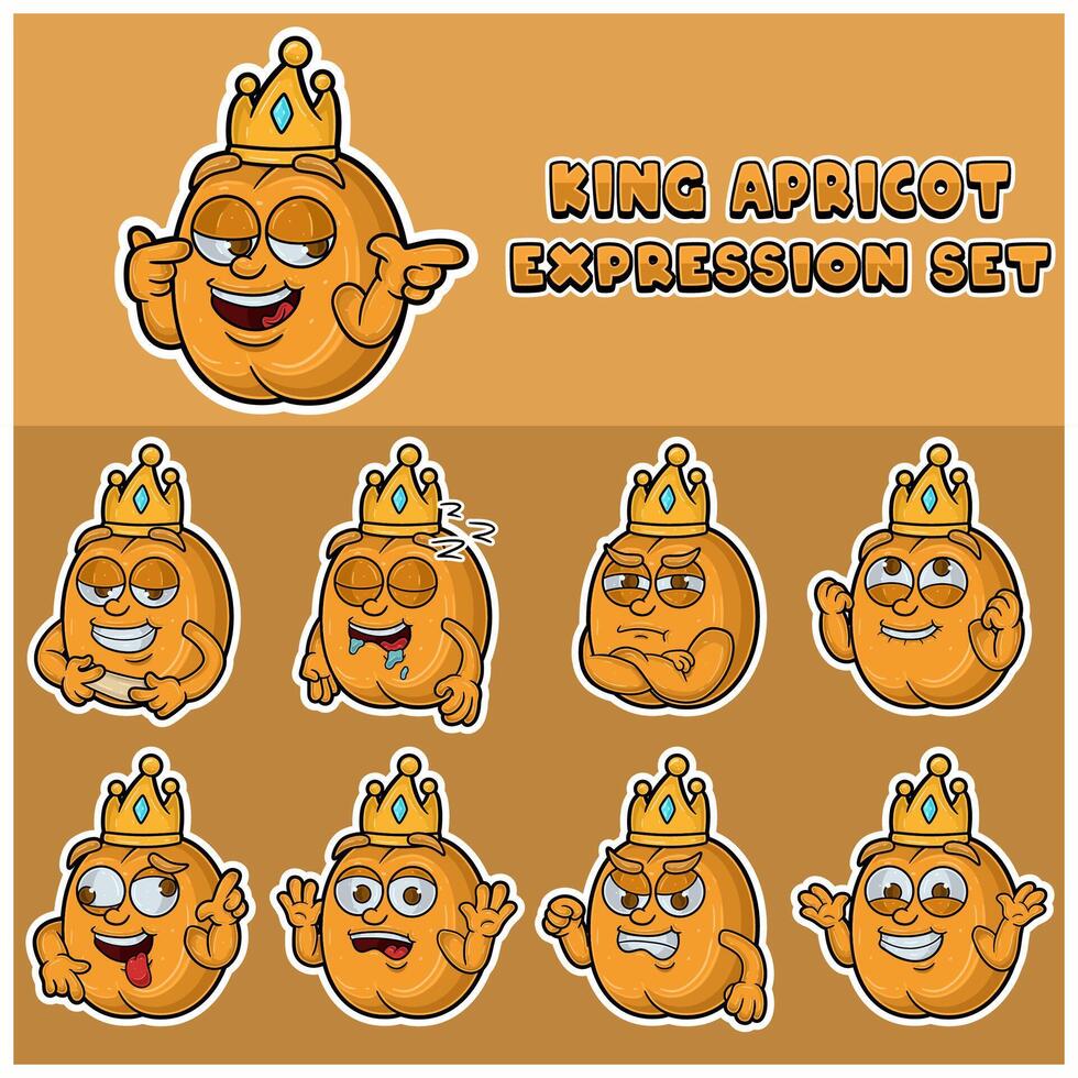 tekenfilm mascotte van abrikoos fuit karakter met koning en uitdrukking set. vector
