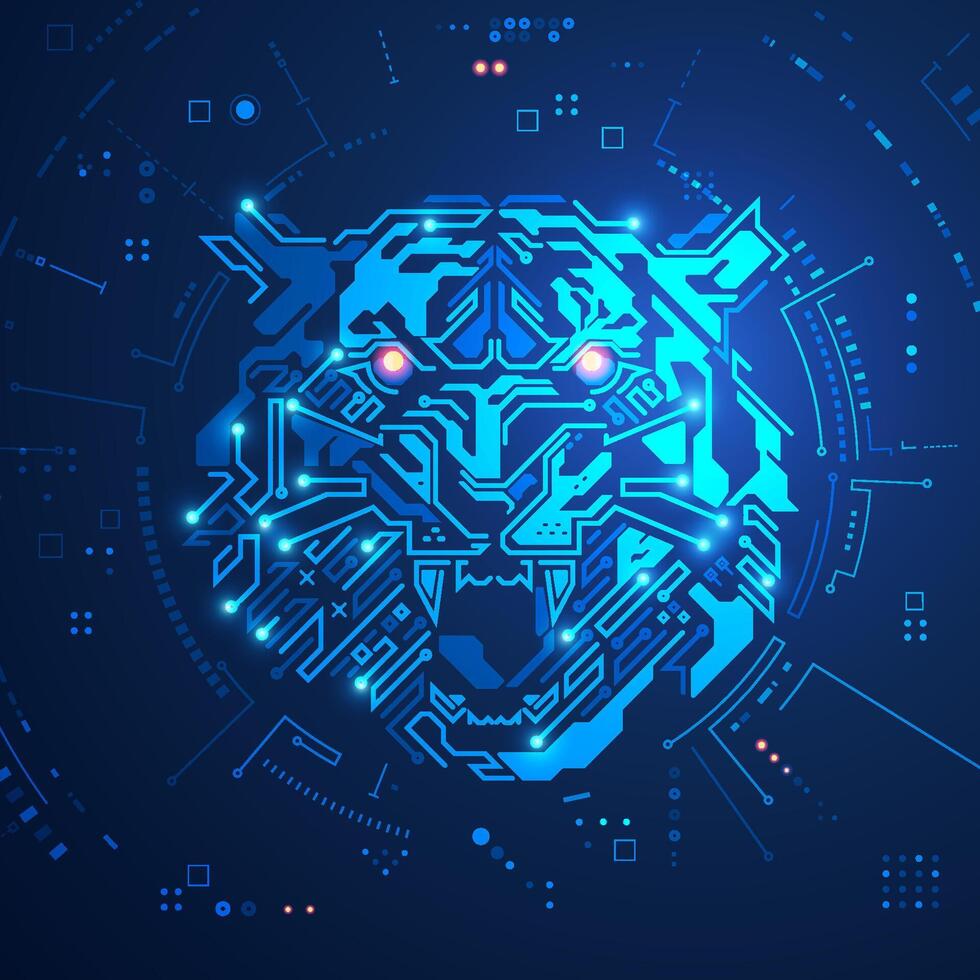 concept van vooruitgaan onderwijskunde of cyber veiligheid, grafisch van tijger gezicht combineren met elektronisch patroon en futuristische element vector