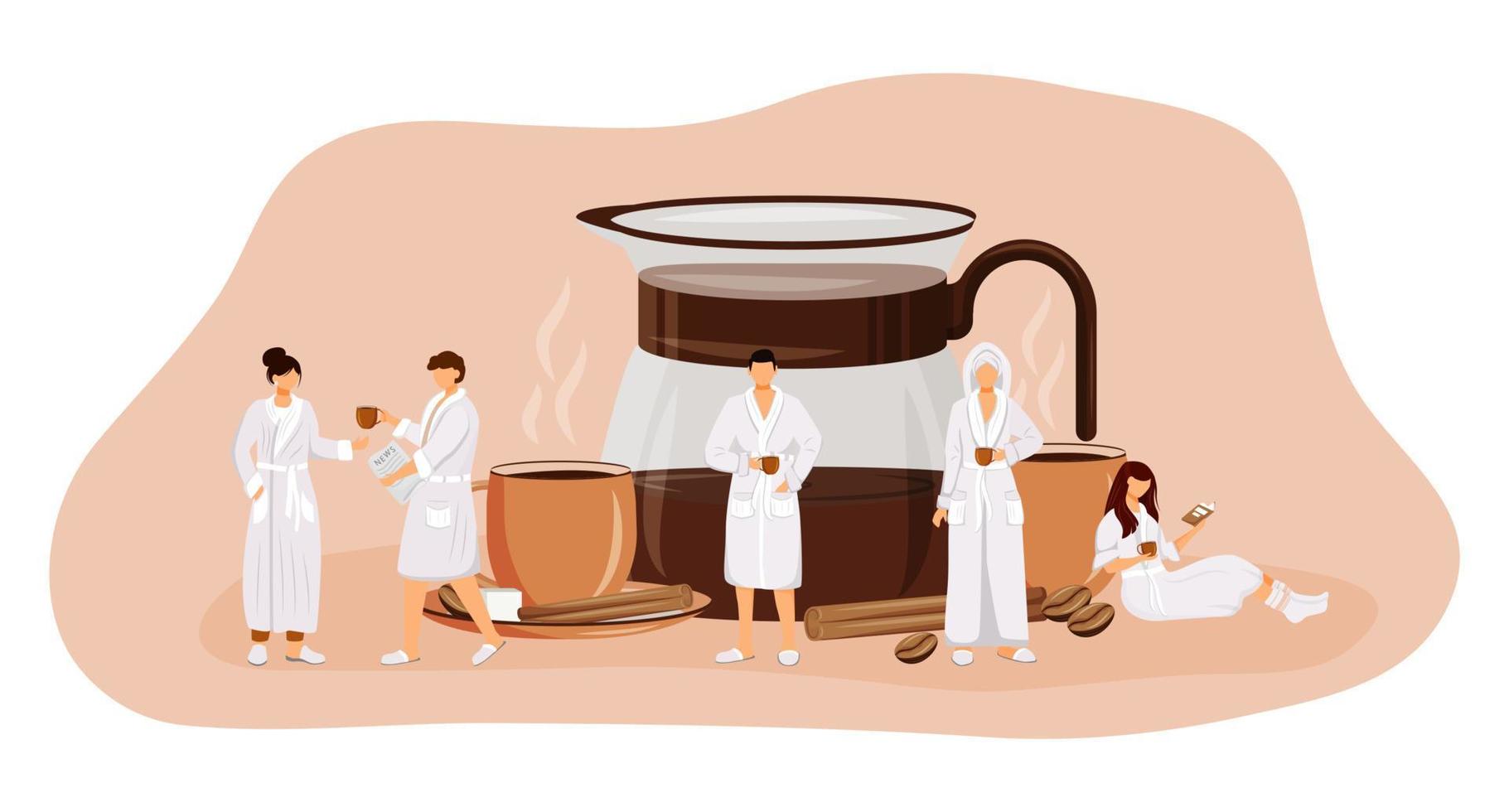 's ochtends koffie platte concept vectorillustratie. Americano drinken. espresso in glazen pot. gekruide zwarte thee in kopje. mensen in gewaden 2d stripfiguren voor webdesign. ontbijt creatief idee vector
