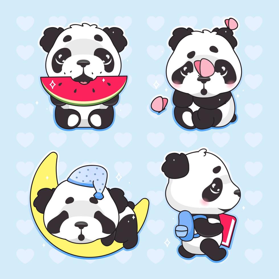 schattige panda kawaii cartoon vector tekens instellen. schattig en grappig dier dat watermeloen eet, slaapt op maan geïsoleerde sticker, patches pack. anime baby jongen panda beer emoji op blauwe achtergrond