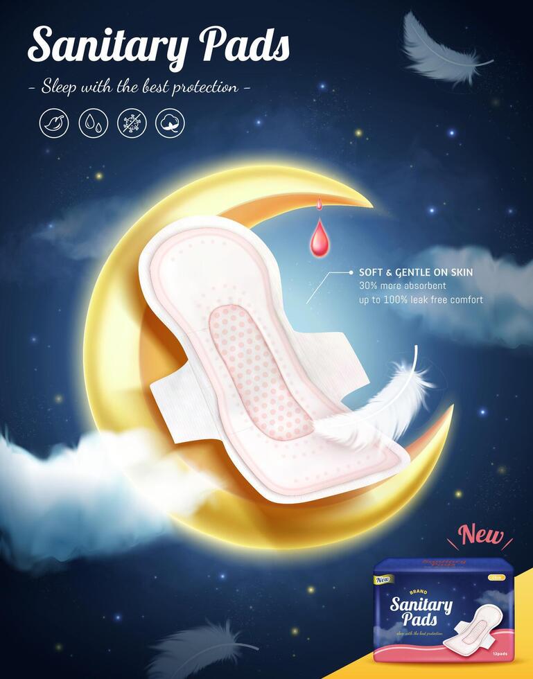 nacht gebruik sanitair stootkussens poster advertentie. 3d illustratie van de sanitair stootkussen over- glanzend halve maan maan met veer en wolken in nacht lucht. concept van stootkussens voor nacht gebruik met absorberend katoen voor comfort vector