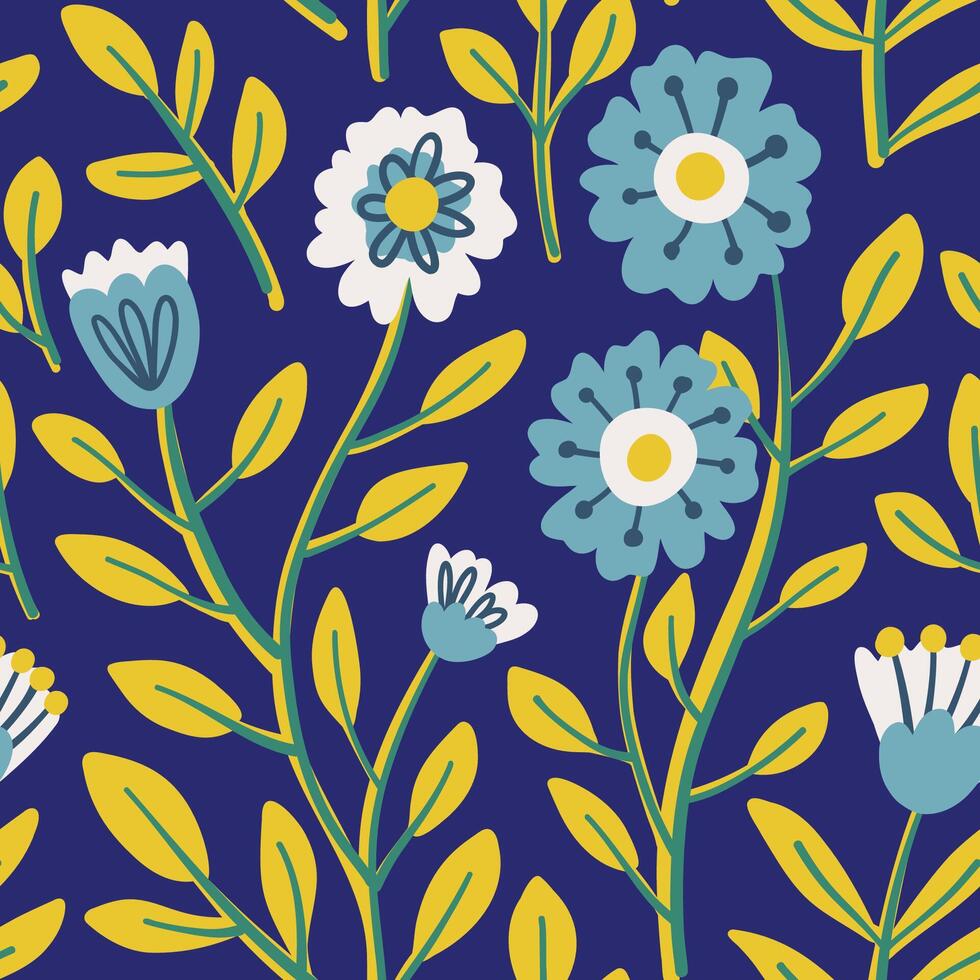 ditsy patroon. abstract achtergrond met gemakkelijk blauw groot en klein madeliefje bloemen, bladeren en bellen. naadloos patroon van een bloeiend voorjaar of zomer weide. modieus bloemen ontwerp vector