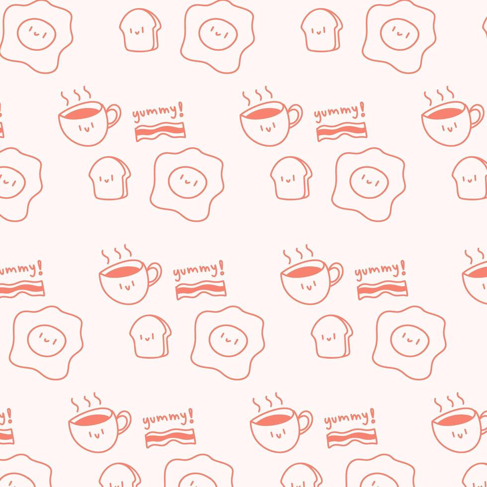 schattig patroon met ontbijt voedsel, gebakken eieren, spek, brood, koffie.hand getrokken illustratie in tekening stijl. vector