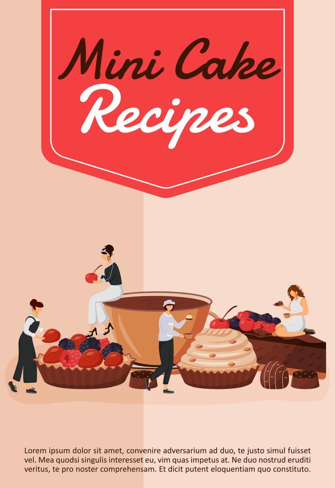 mini cake recepten poster platte vector sjabloon. chef-kok koken gebak. cupcake en taart. fruitdessert. brochure, boekje één pagina conceptontwerp met stripfiguren. patisserie flyer, folder