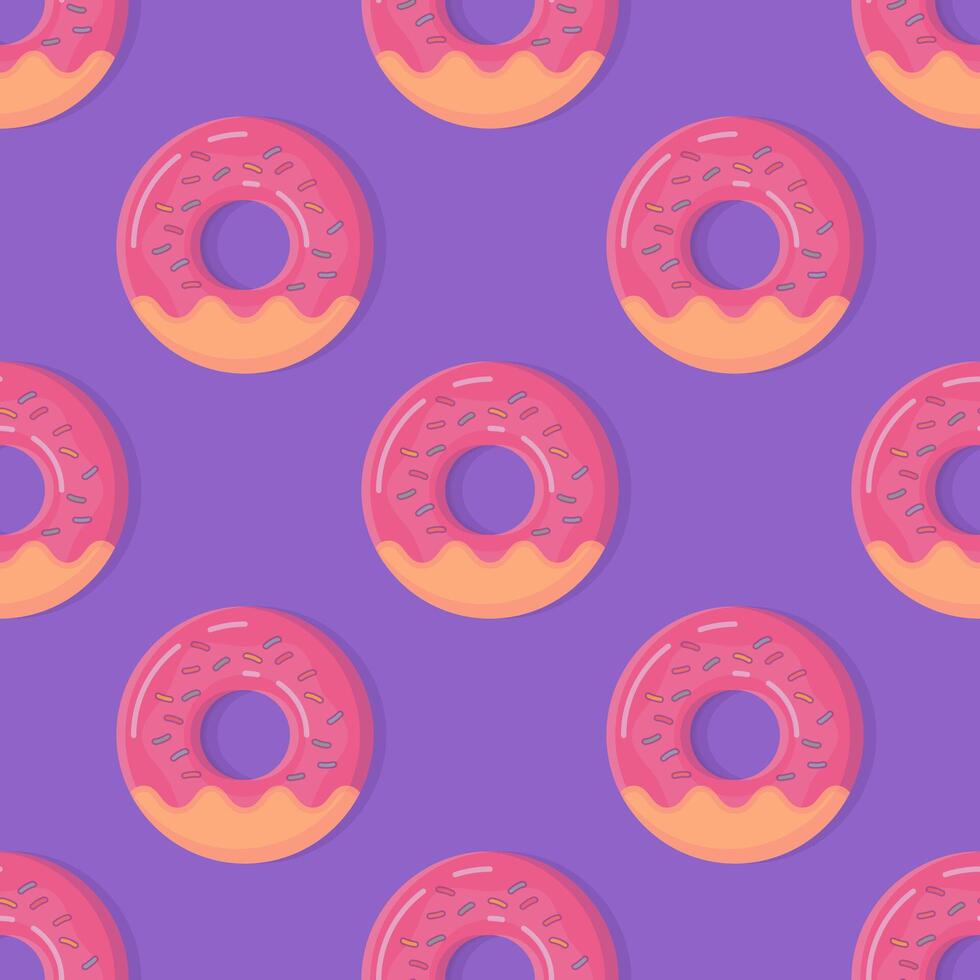 donuts Aan paars achtergrond. schattig, kleurrijk en glanzend donuts met roze glazuur en veelkleurig poeder. naadloos patroon illustratie vector