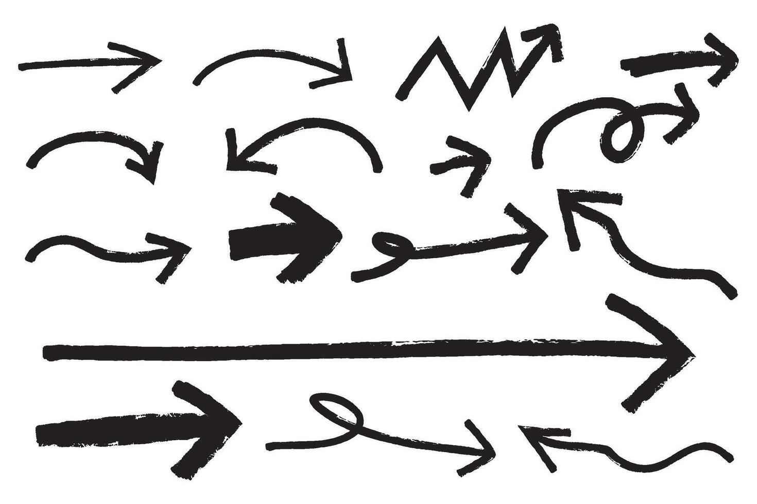 reeks van hand- getrokken pijlen, borstel beroerte gekruld pijl vector