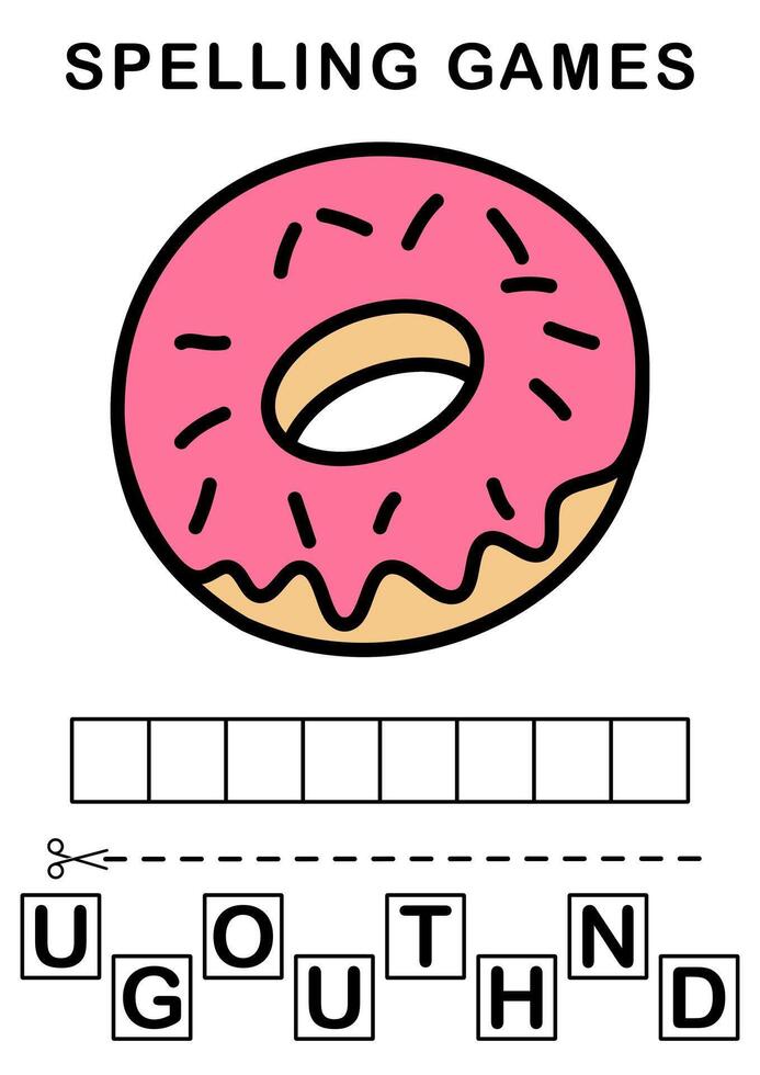 spellen de woord. illustratie van donut of donut. spelling spel voor kinderen. onderwijs werkblad afdrukbare a4 grootte vector