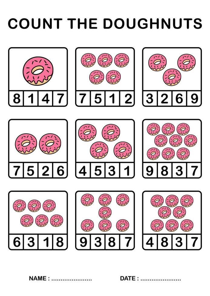 afdrukbare werkblad aantal tellen donut of donuts voor kleuterschool en peuter, het drukken grootte a4 vector