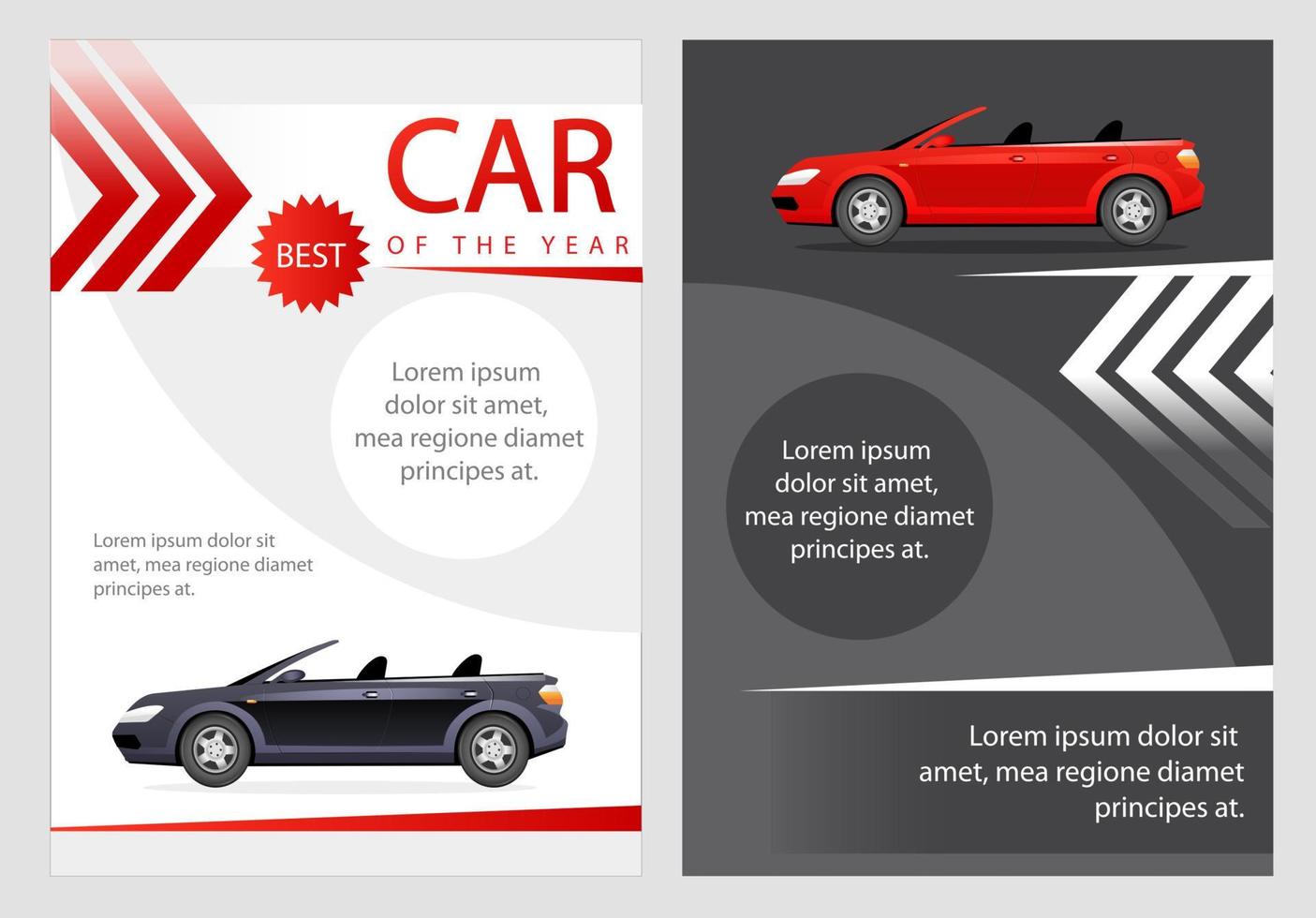 auto van het jaar platte vector brochure sjabloon. premiumklasse autoflyer, boekje, afdrukbare folderontwerp. luxe transportmagazinepagina, cartoonjaarverslagen, infographic posters met tekstruimte