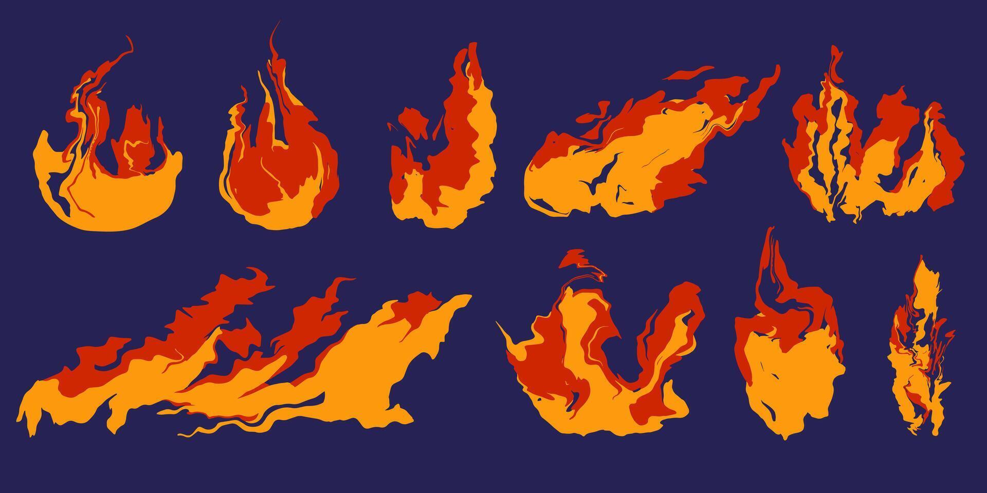 reeks van brand vlam. vuurbol vlam. silhouetten van kampvuren. verzameling van tekenfilm vreugdevuren geïsoleerd Aan wit achtergrond. brandend helder rood en oranje vuur. vector