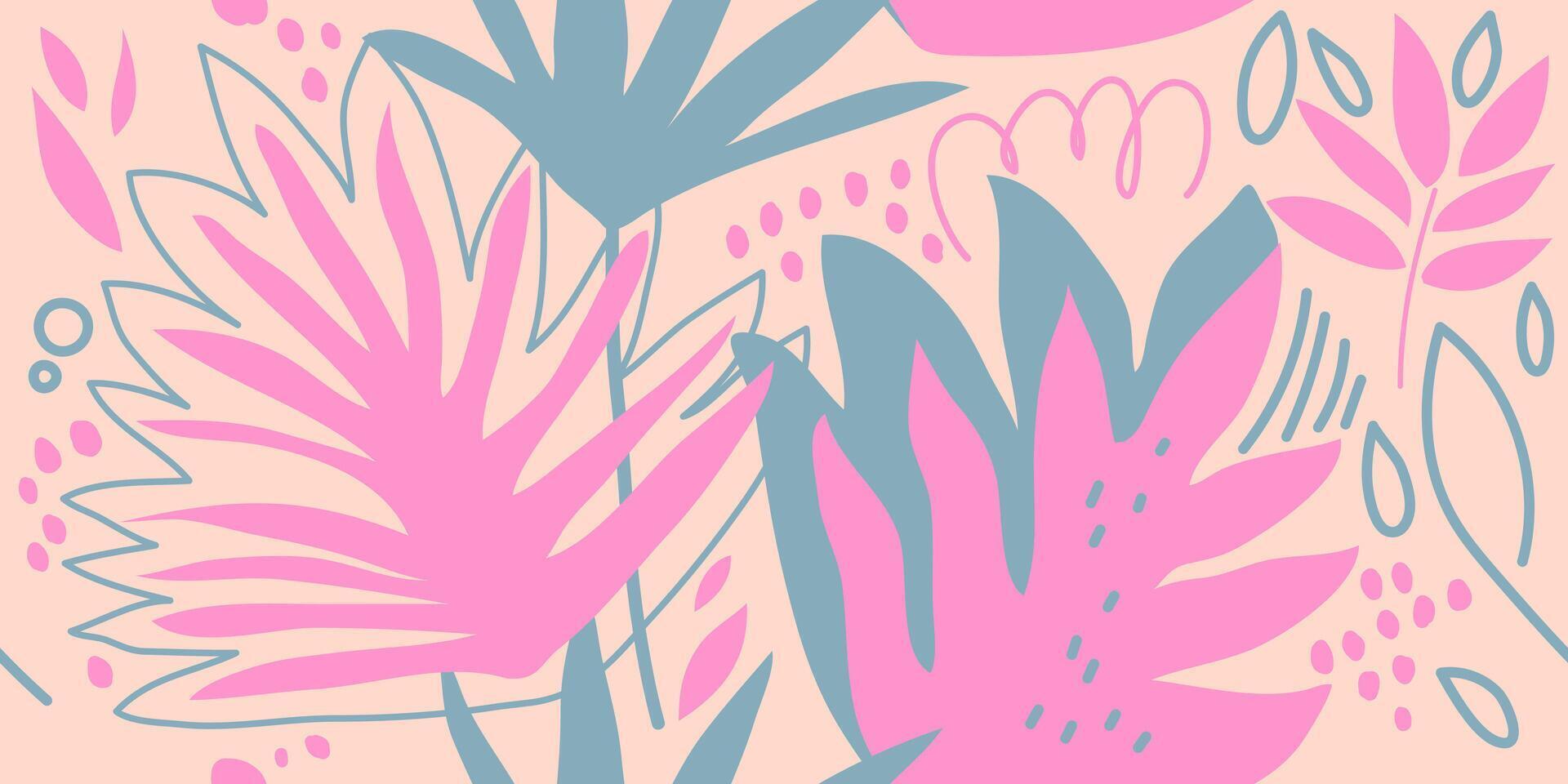 naadloos tropisch patroon met planten. exotisch modern bloemen patroon met palm blad, varen, takken, vlekken, vlekken Aan beige achtergrond. hand- getrokken collage. uit de vrije hand illustratie vector