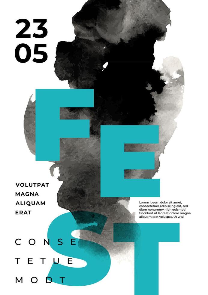 fest poster sjabloon met vloeiende kleurrijk vloeistof. structuur met geklater waterverf inkt en typografie. achtergrond voor omslag, banier, tentoonstelling, festival. abstract sjabloon met verf vlekken, vlekken vector