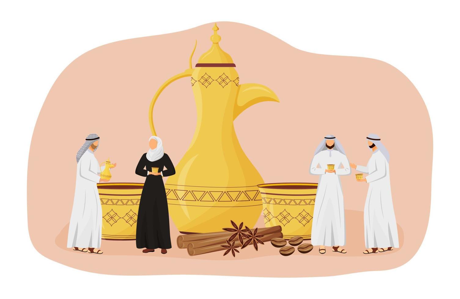 koffie cultuur platte concept vectorillustratie. traditionele ceremonie met dallah pot set. Turkse gastvrijheid. Arabische stripfiguren voor webdesign. koffiehuis creatief idee vector