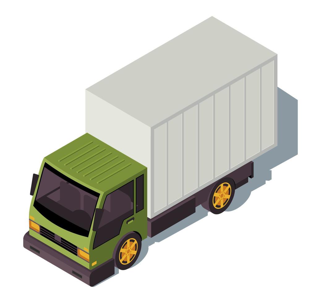 autotruck isometrische kleur vectorillustratie. stadsvervoer infographic. commercieel voertuig. motor vrachtwagen. logistieke dienst vervoer. auto vagon 3d concept geïsoleerd op een witte achtergrond vector