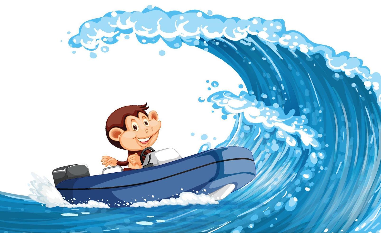 gelukkige aap drijvende boot op oceaangolf vector
