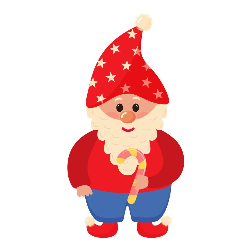 leuke kerstkabouter in rode hoed met snoepriet. vector
