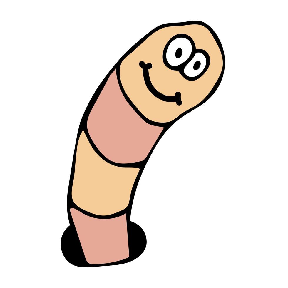 cartoon lineaire doodle retro gelukkig worm kruipen uit een gat geïsoleerd op een witte achtergrond. vector