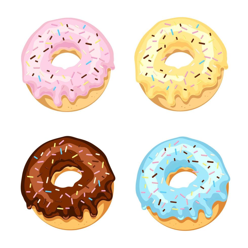 set gekleurde donuts met suikerglazuur en chocolade met veelkleurige afstoffen. vectorillustratie geïsoleerd op een witte achtergrond. vector