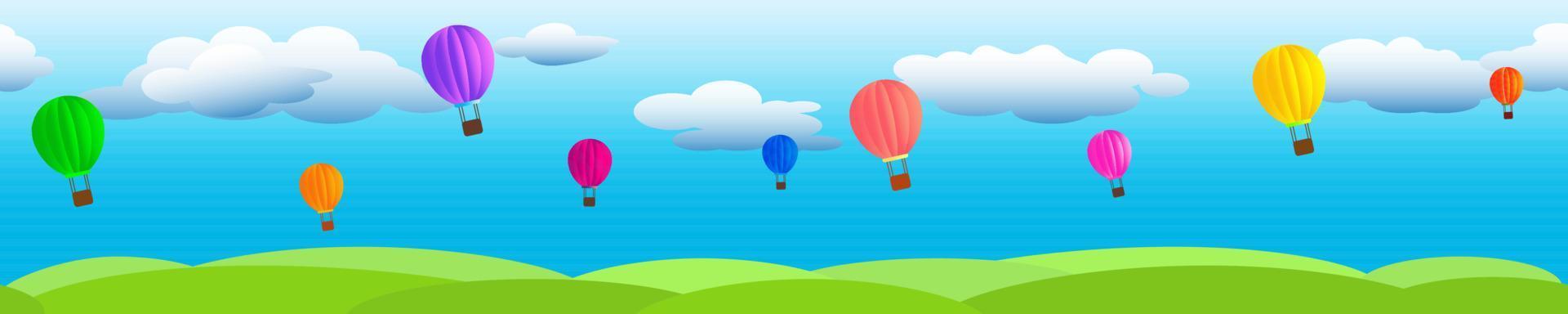 wolken op een blauwe lucht met vliegende ballonnen en groen gras. vector