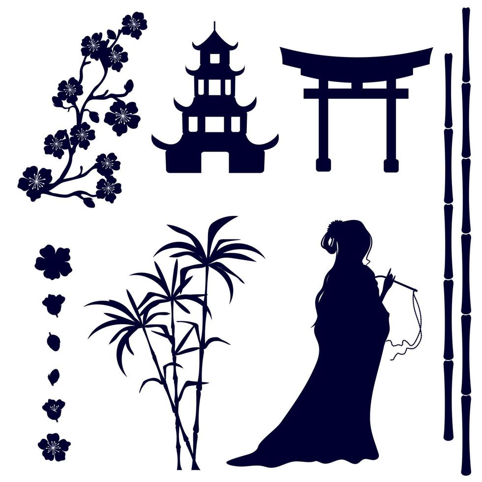 silhouet van een Aziatisch meisje, pagode, poort, sakura bloemen, bamboe stengels op een witte achtergrond. vector