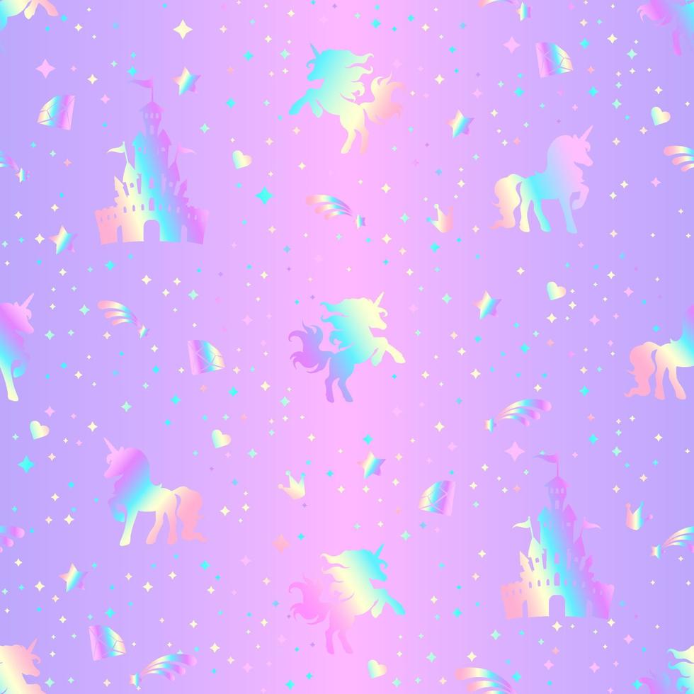 regenboog naadloos patroon met eenhoorns, harten, kronen en sterren op een holografische achtergrond. vector