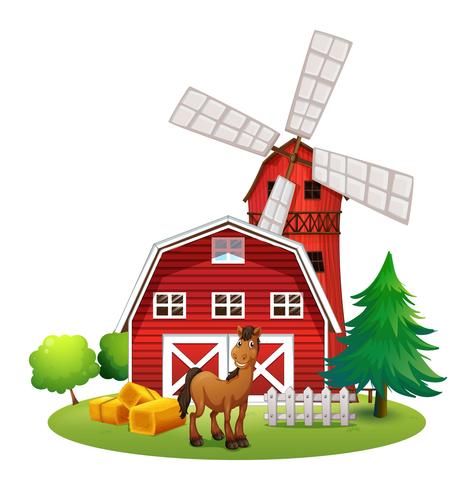 Een glimlachend paard buiten de rode barnhouse met een windmolen vector