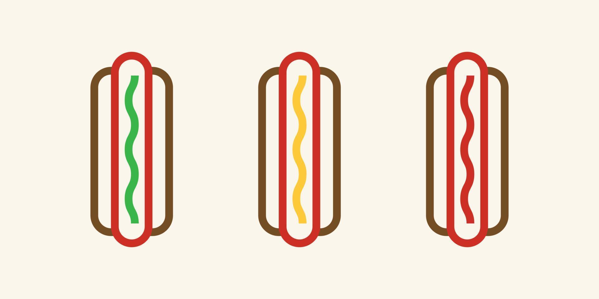 set van drie hotdogs. hotdog met topping illustratie vector