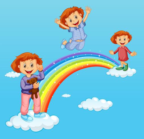 Drie meisjes over de regenboog vector