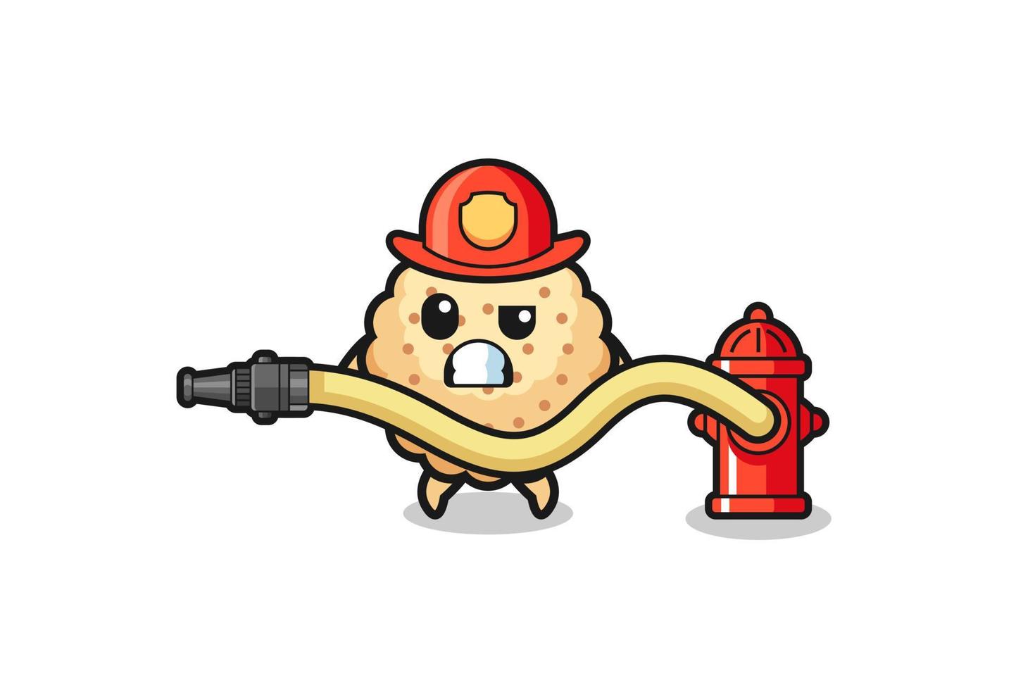 ronde koekjes cartoon als brandweerman mascotte met waterslang vector