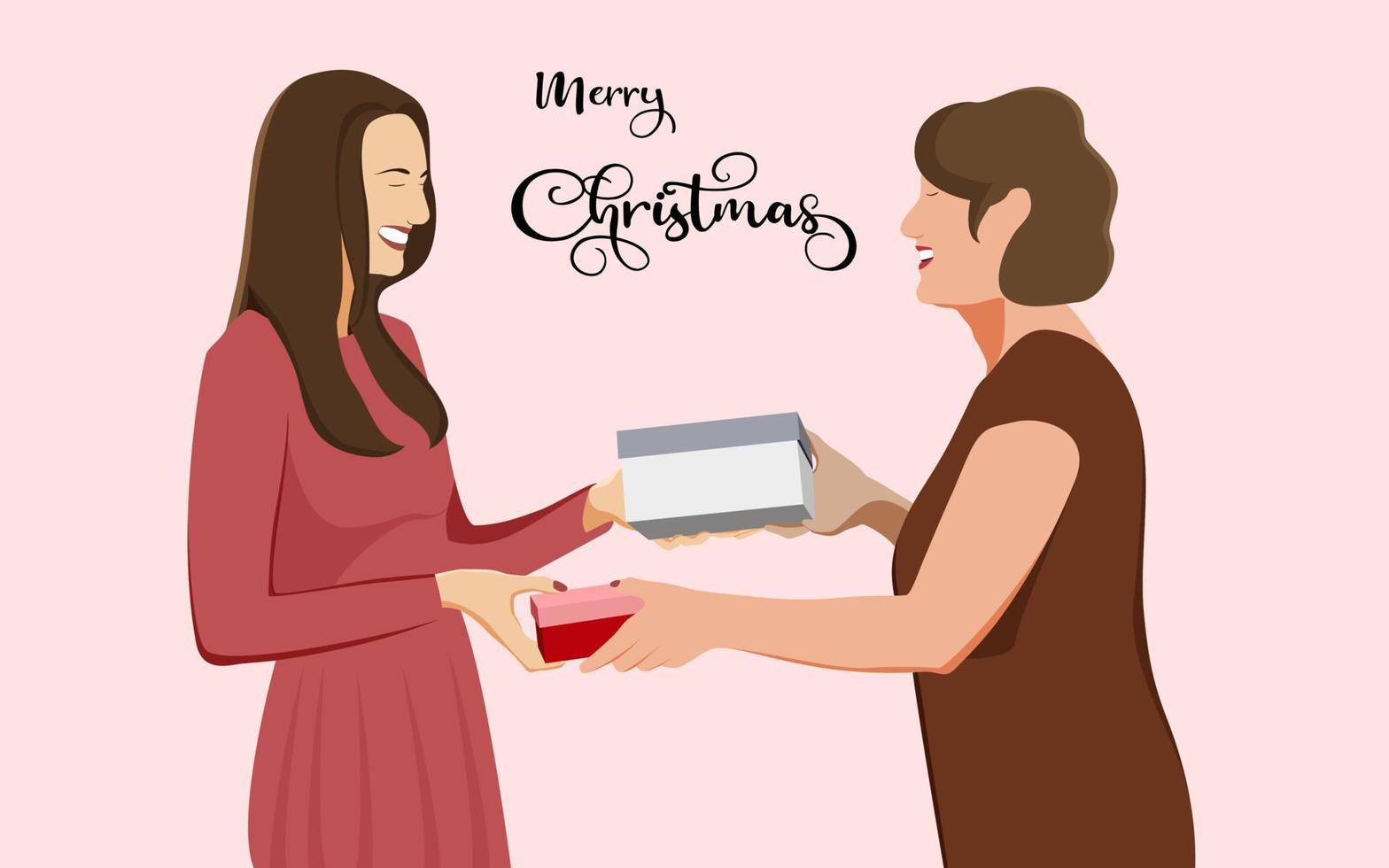 twee mooie vrouwen die kerstcadeaus uitwisselen. kerst karakter vectorillustratie. vector