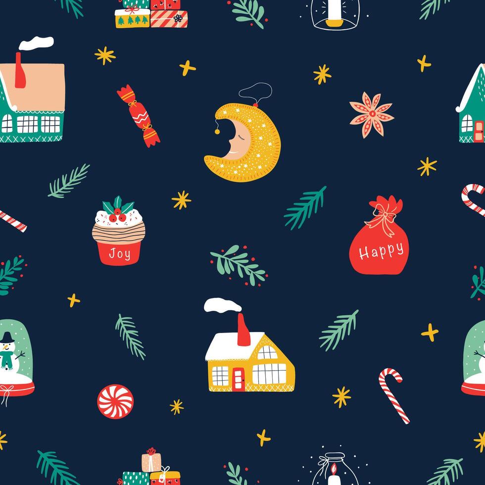 Kerstmis naadloos patroon Aan een donker achtergrond. nieuw jaar patroon met huis, maan, kaars, maretak, geschenkdoos, sneeuw wereldbol. hand- getrokken illustratie. winter patroon, perfect voor textiel, decor, kleding stof. vector